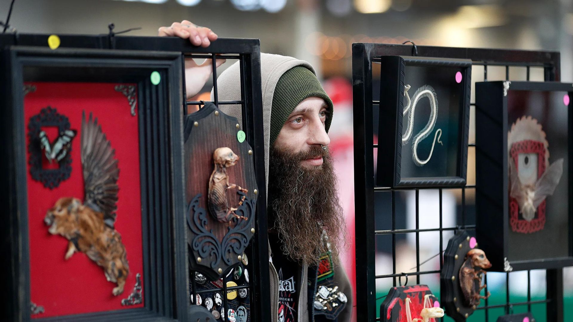 A man poses with his peculiar collection at the Oddities & Curiosities Expo.