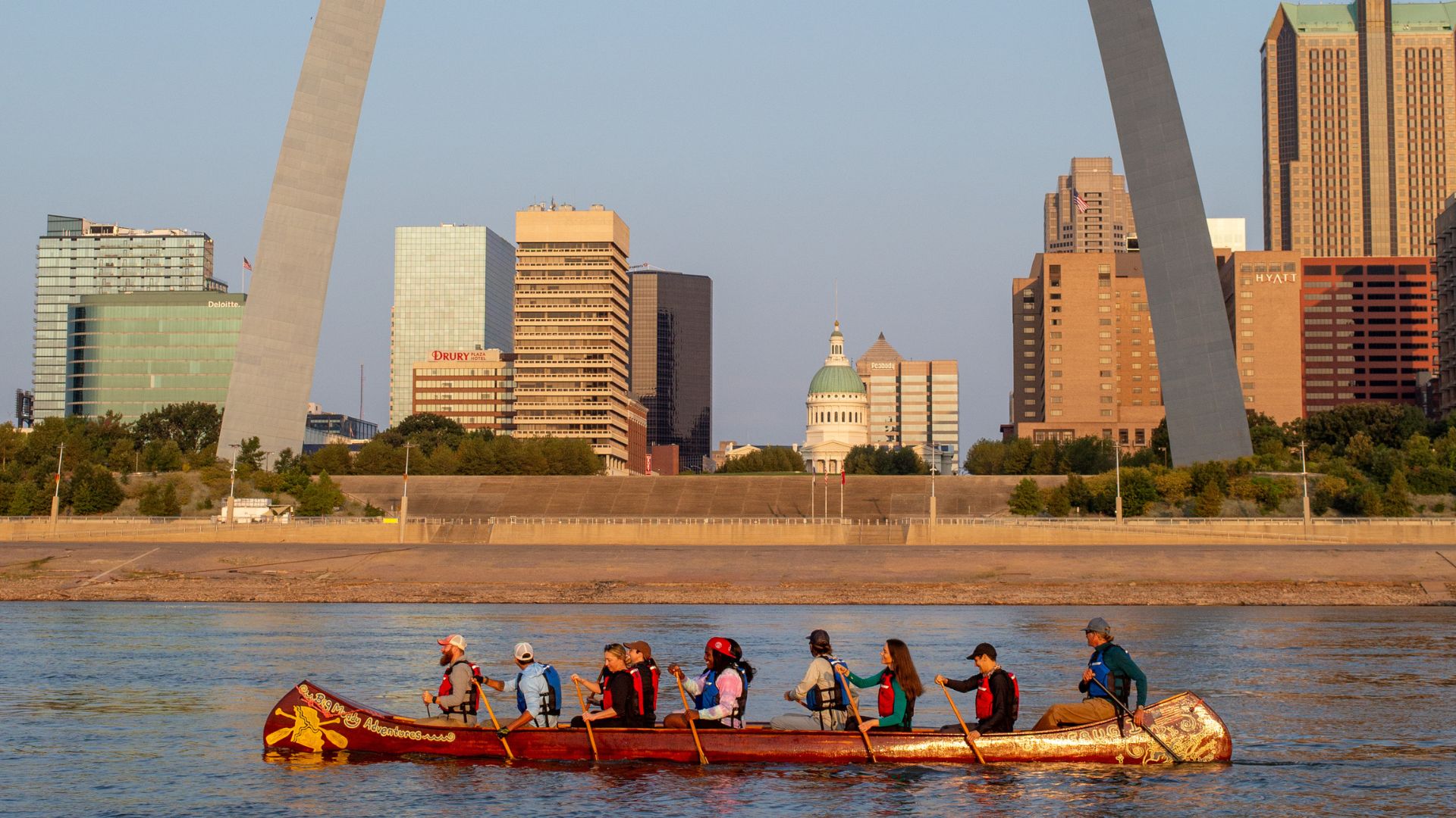 Big Muddy Adventures paddles on the Mississippi River past the Gateway Arch.