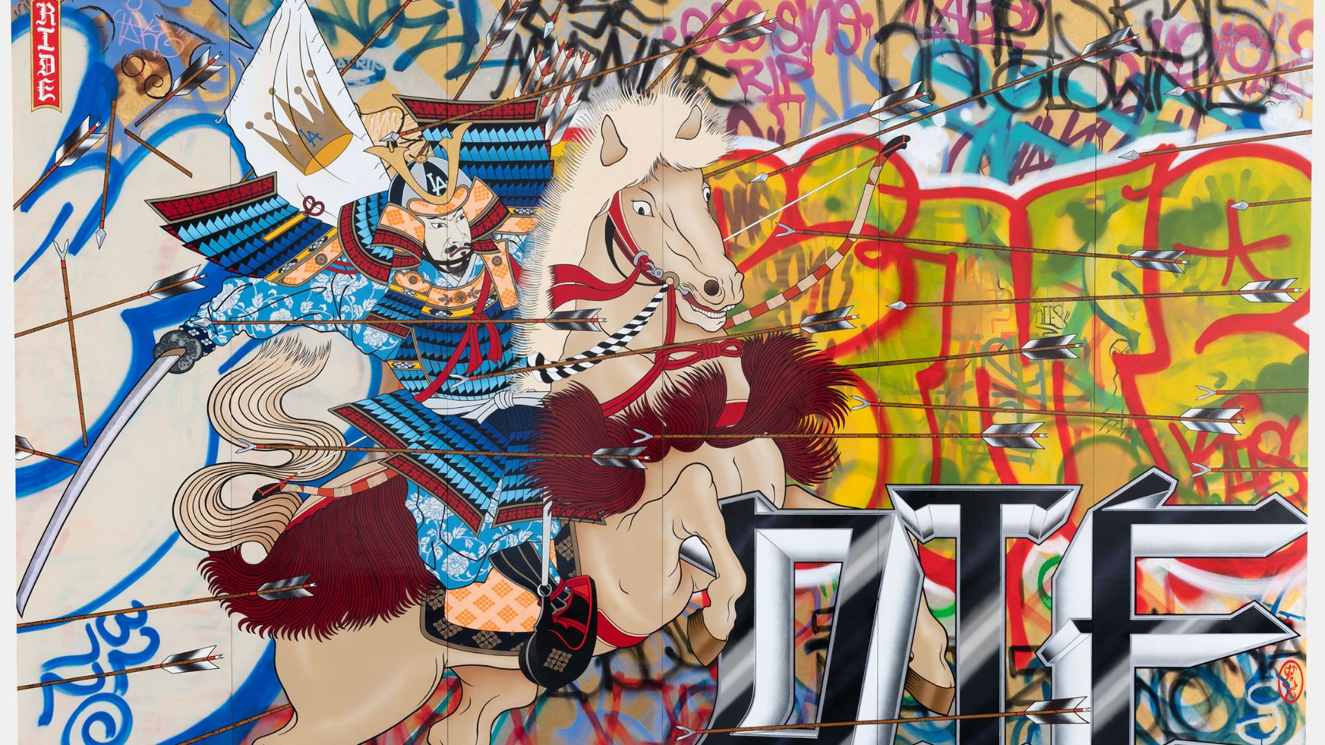 This painting combines Japanese imagery and graffiti.