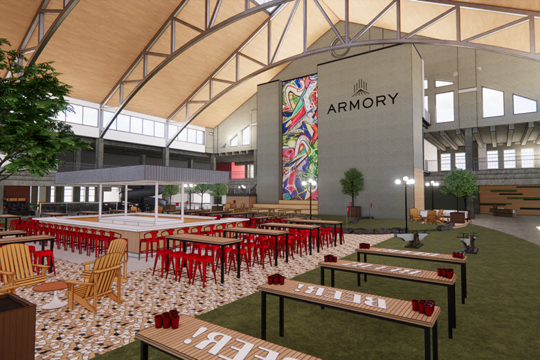 Armory STL has almost 6 acres of flexible indoor space, featuring the largest indoor TV screen in Missouri, a state-of-the-art sound system, arcade games and other activities such as cornhole, table tennis and four-square badminton.