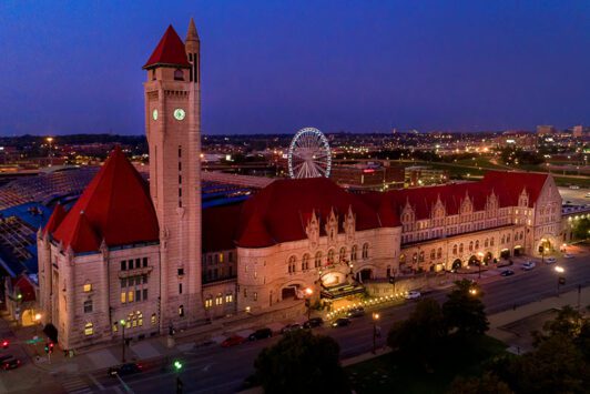 An exterior view of St. Louis Union Station at dusk.