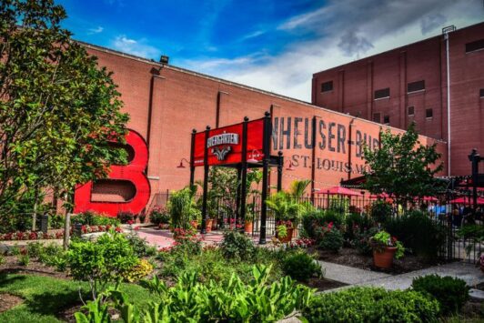 The Biergarten at Anheuser-Busch Brewery in St. Louis serves beer and food in a vibrant atmosphere.