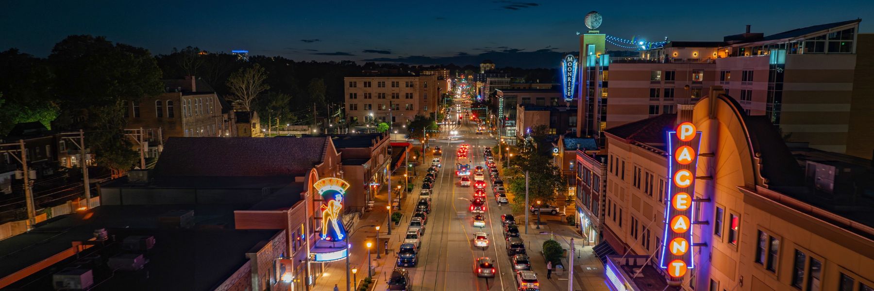 Neon signs light up the iconic attractions in the Delmar Loop.