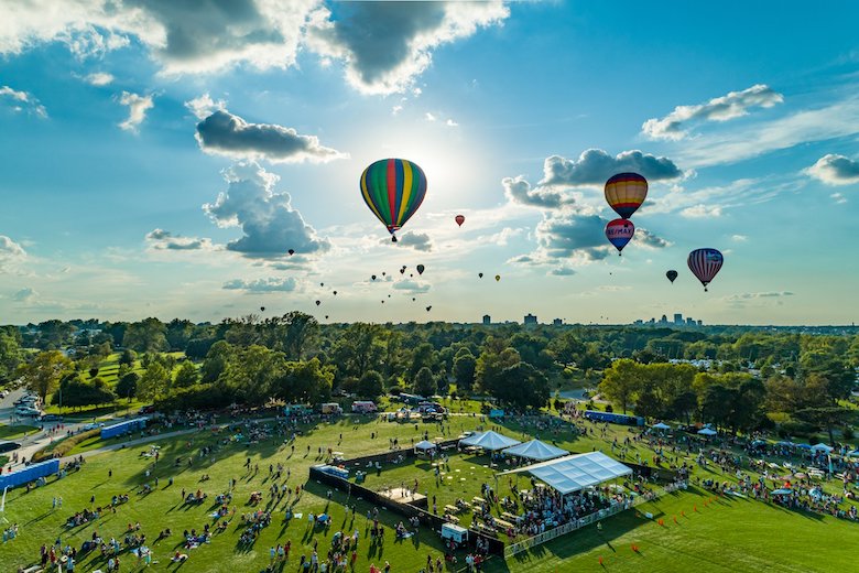 Hot air balloons in the sky above Forest Park during the GReat Forest Park Balloon Race.