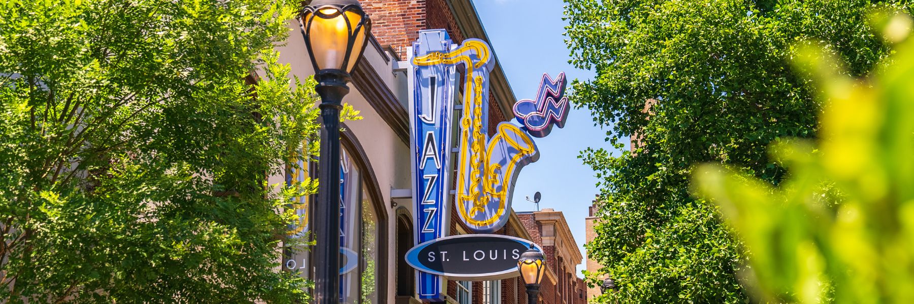 Located in the Grand Center Arts District, Jazz St. Louis is marked by a neon saxophone.