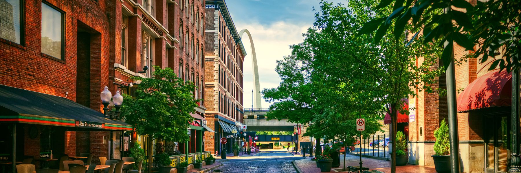 Laclede’s Landing, a riverfront district in St. Louis, combines 19th-century architecture and 21st-century entertainment.