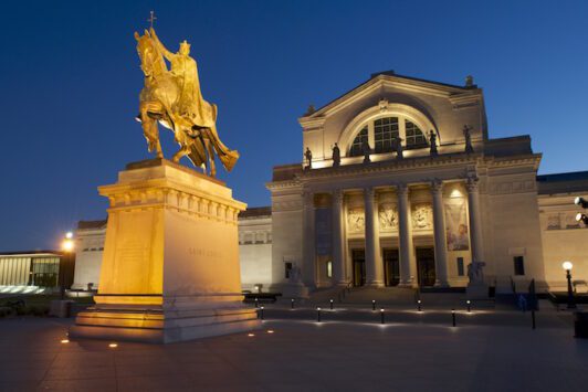 The Apotheosis of St. Louis, a statue representing King Louis IX of France, sits in front of the Saint Louis Art Museum.