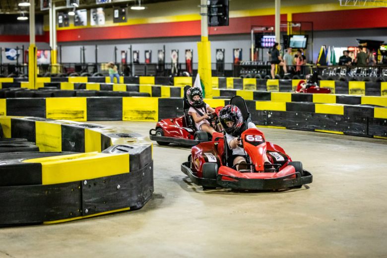 At Victory Raceway, the electric go-karts reach speeds up to 45 miles per hour on the indoor racetrack.