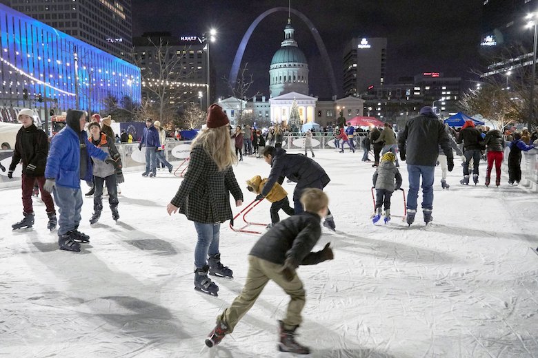 Ice skaters enjoy Winterfest at the Gateway Arch in Kiener Plaza in downtown St. Louis