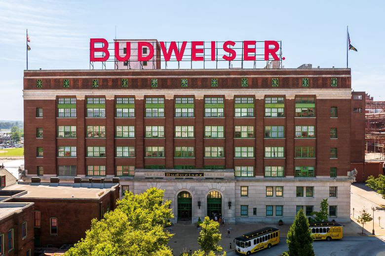 The Anheuser-Busch Brewery in St. Louis has red-brick architecture and epic Budweiser signs.