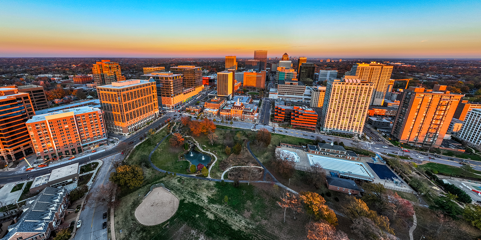 A skyline view of Clayton, home of St. Louis County government, from above.
