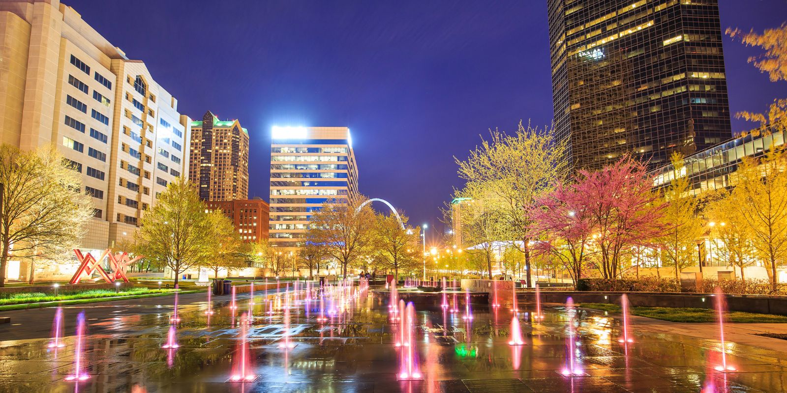 Citygarden lights up St. Louis' downtown core at night.