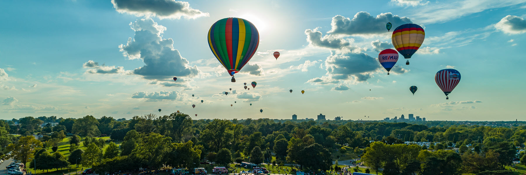 Balloons in the sky over Forest Park during the Great Forest Park Balloon Race.