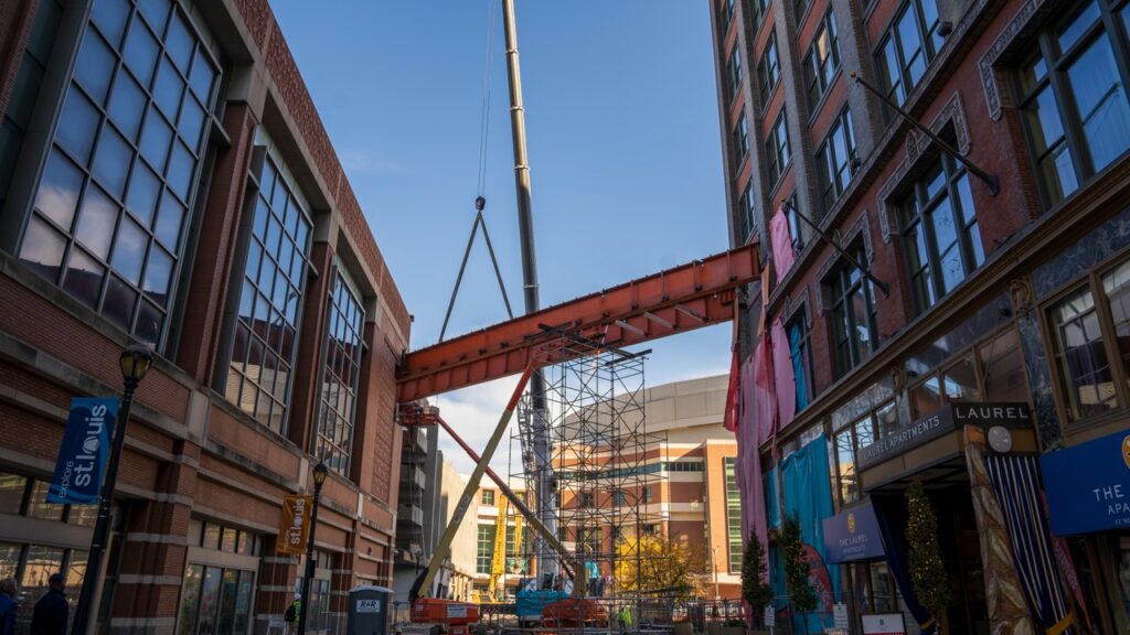 A sky-bridge across 7th street is removed as part of the Ac Next Gen project to improve America's Center Convention Complex.