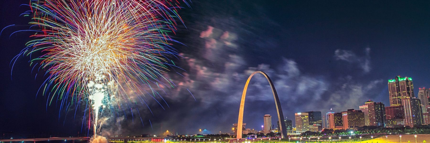 Fireworks light up the sky behind the Gateway Arch on the Fourth of July.