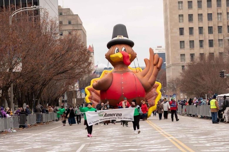 A turkey float drifts through downtown St. Louis during the Ameren Thanks-For-Giving Parade.