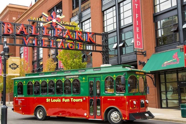 St. Louis Fun Tours takes its trolley through Ballpark Village.
