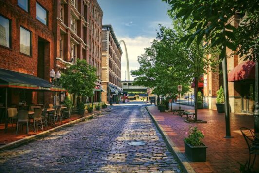 Listed on the National Register of Historic Places, the cobblestone-paved Lacledes Landing sits on the banks of the the Mississippi River