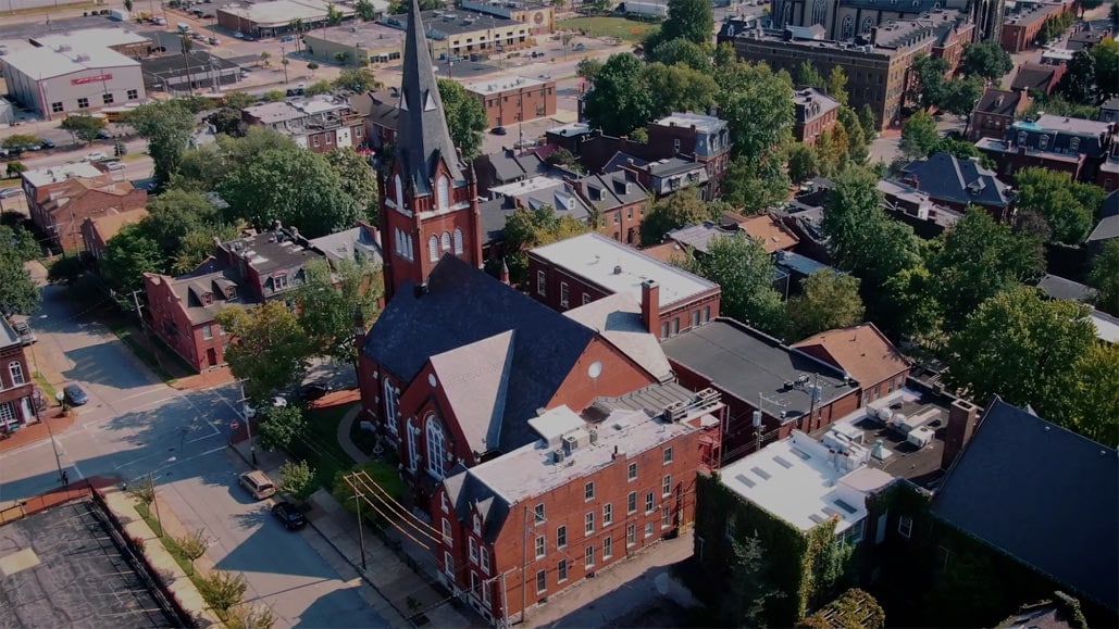An aerial view of Trinity Lutheran Church in Soulard.