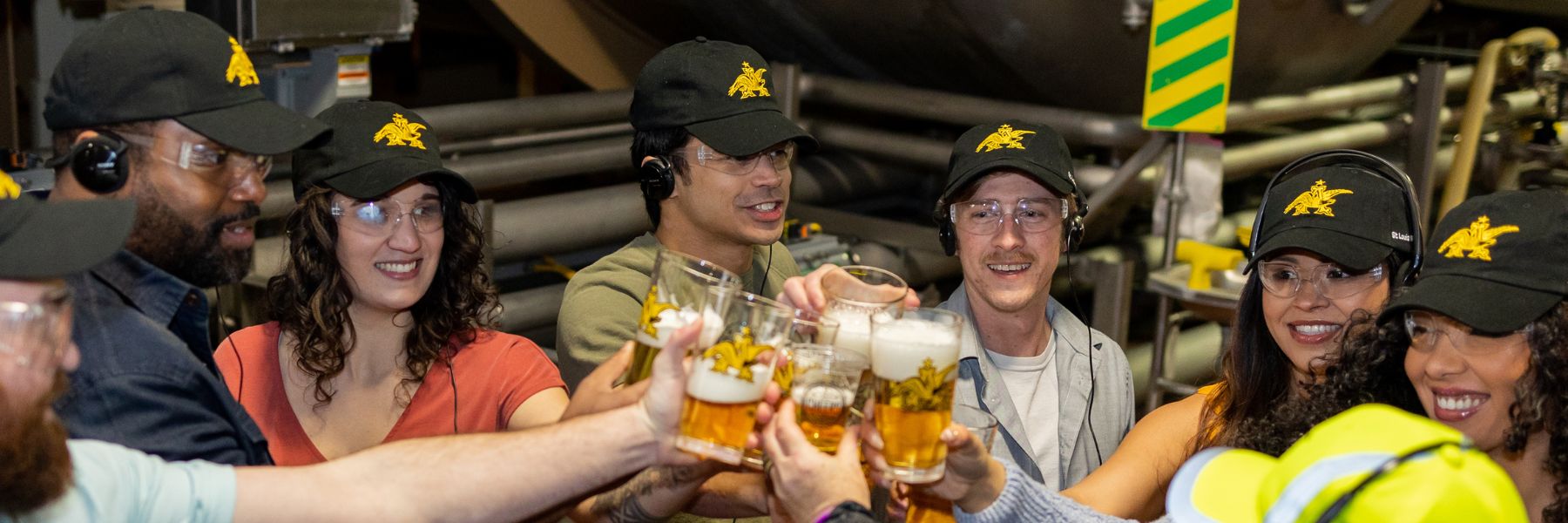 A group enjoys free beer on a tour of the Anheuser-Busch Brewery in St. Louis.