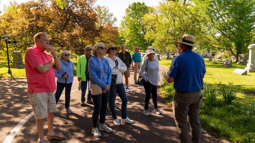 A master guide gives a history and horticulture tour at Bellefontaine Cemetery and Arboretum.