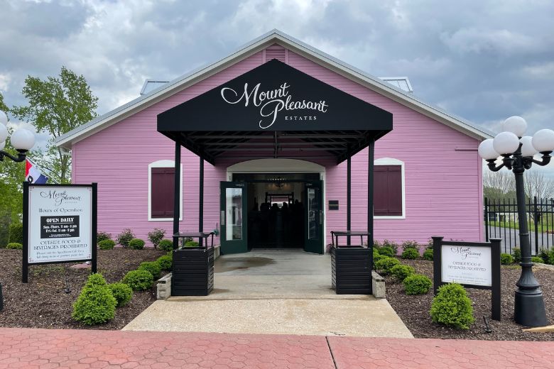 The pinkish purple buildings of Mount Pleasant Estates are easy to spot in Augusta wine country.