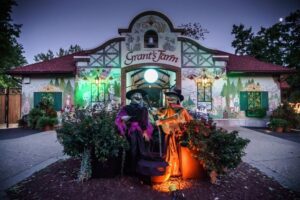 During Halloween Nights at Grant's Farm, the park features spooky decorations.