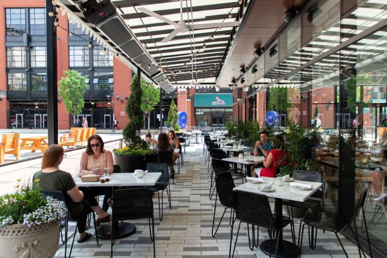 Katie's Pizza and Pasta Osteria at Ballpark Village has an airy patio for outdoor dining.
