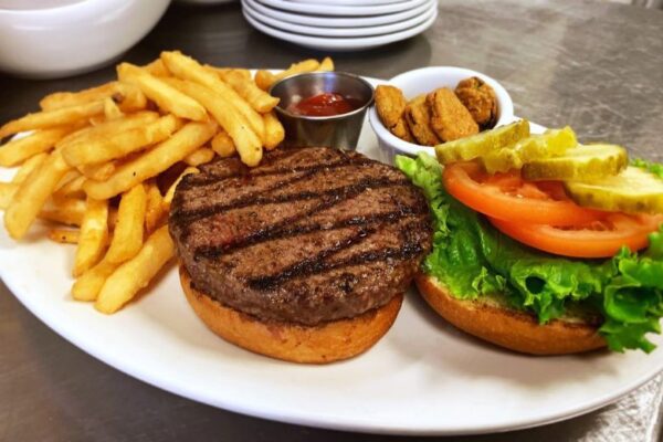 The Over/Under Bar & Grill serves classic hamburgers.