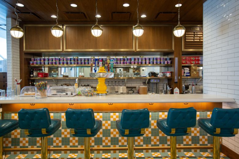 The Soda Fountain has a bright, colorful bar where you can dine and drink.