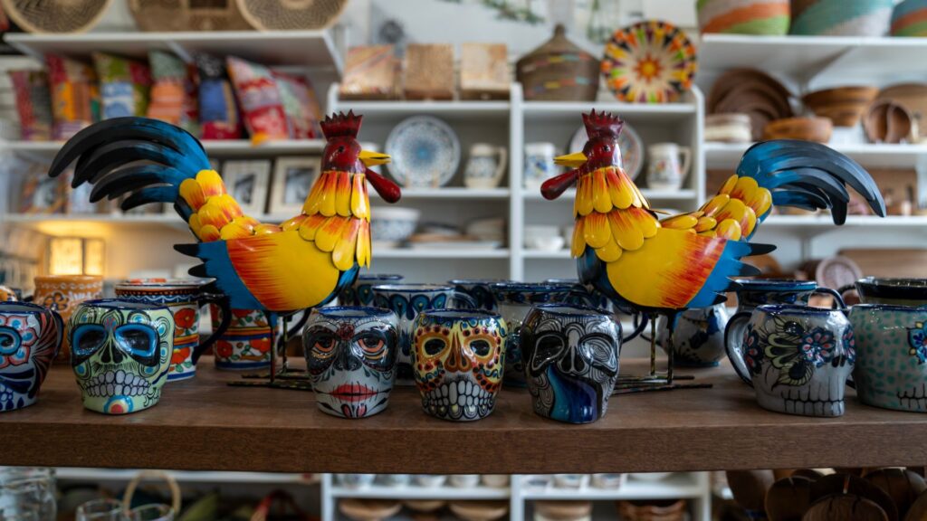 Zee Bee Market sells ceramic mugs with Día de los Muertos-style sugar skull designs.