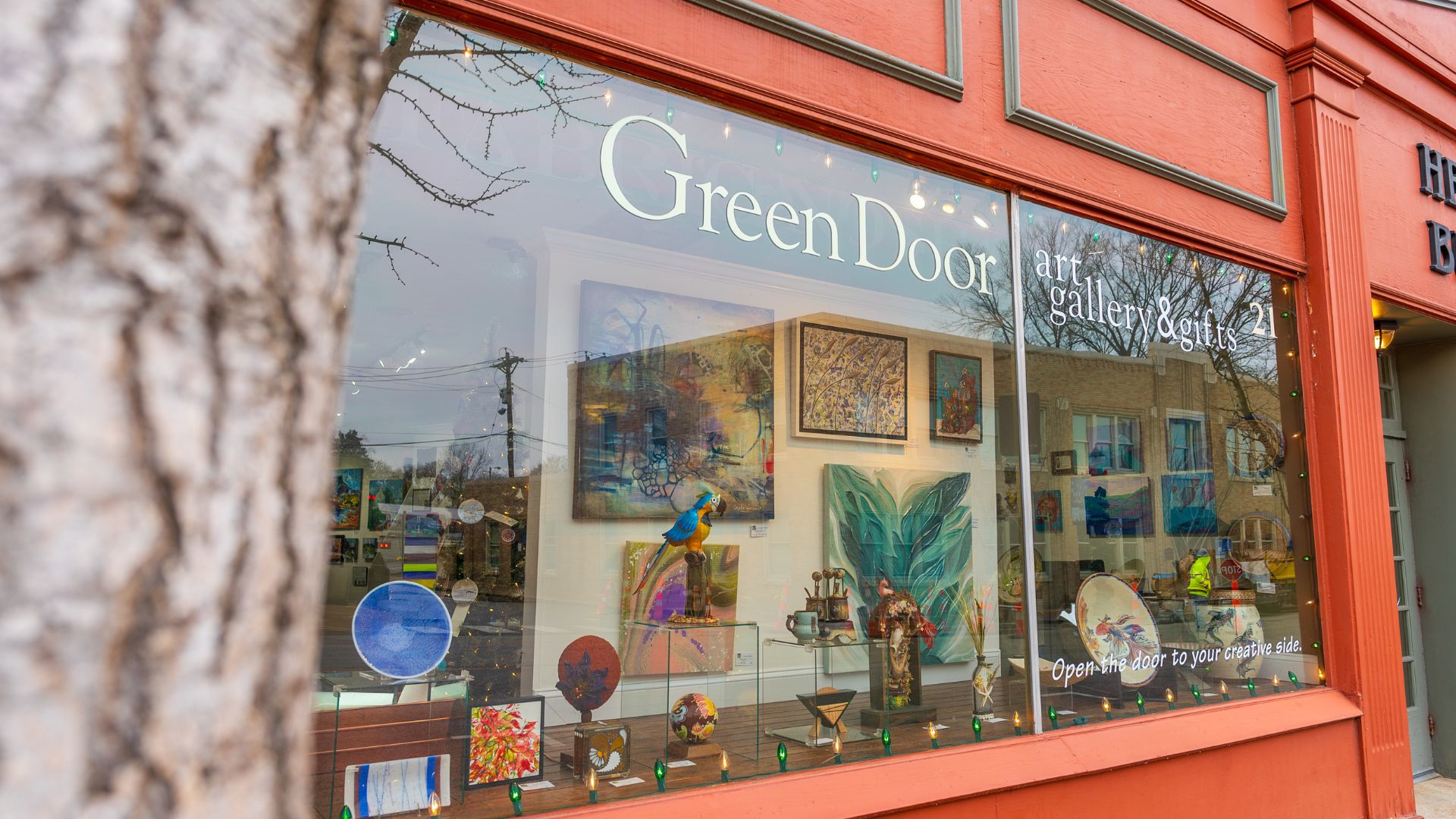 You can see art through the window of Green Door Art Gallery in St. Louis.