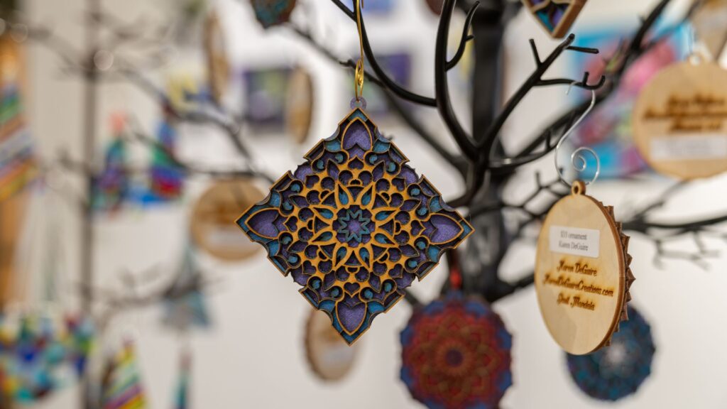 Green Door Art Gallery sells handcrafted ornaments.