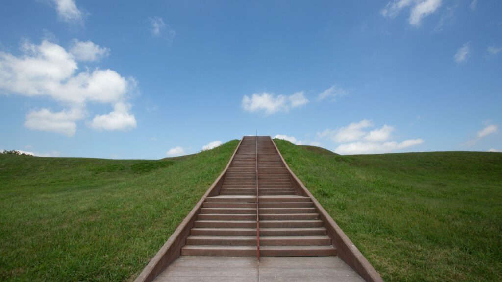 Stairs lead to the top of Monks Mound at Cahokia Mounds State Historic Site.