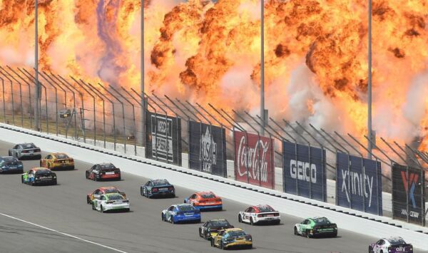 During the NASCAR Cup Series race in St. Louis, flames ignite around the track.