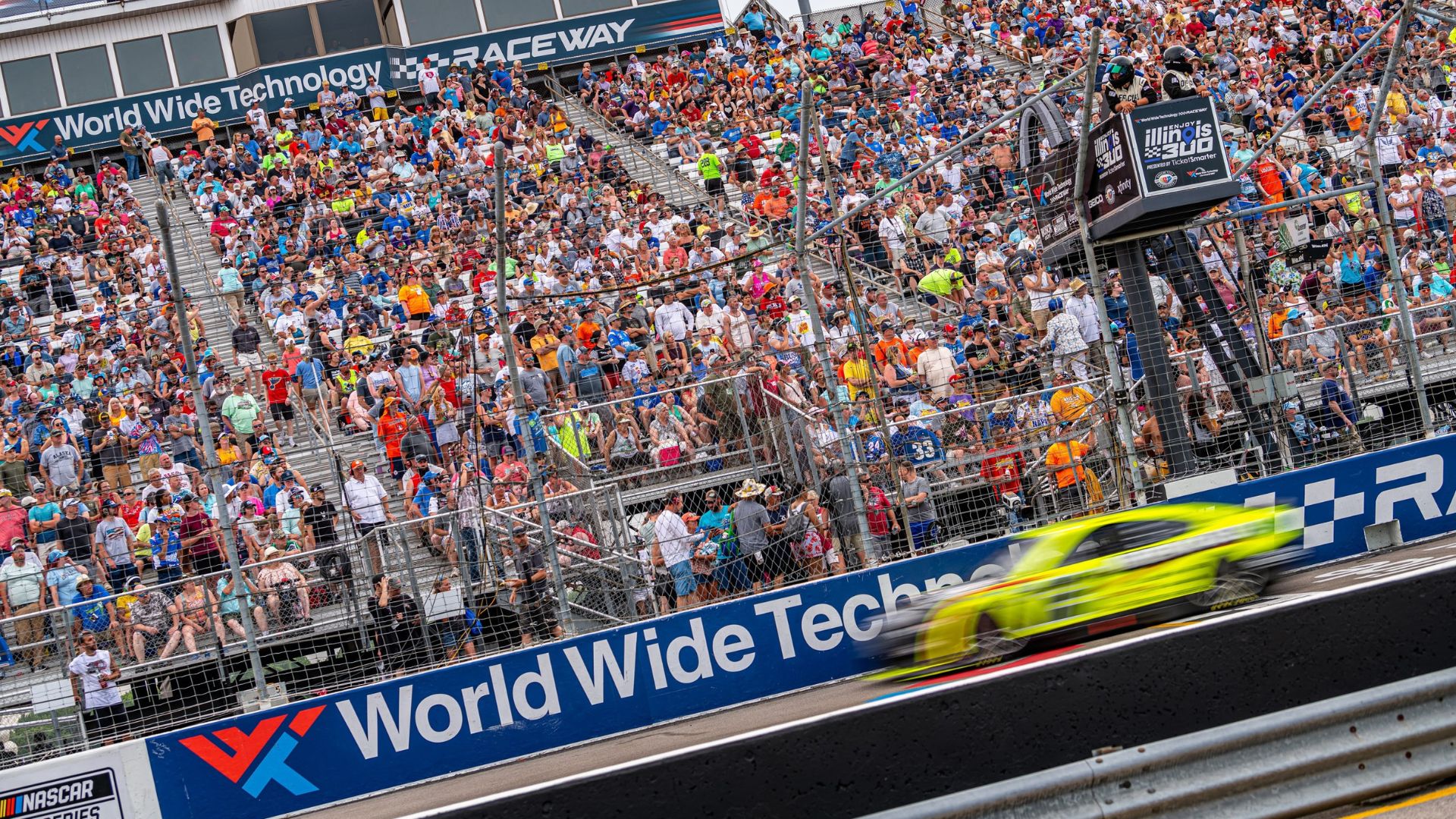 A NASCAR driver races around World Wide Technology Raceway.