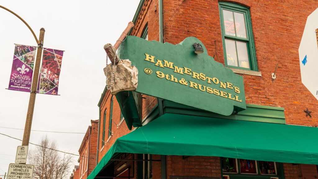 In Soulard, Hammerstone's is marked by a green sign, a stone and a hammer.