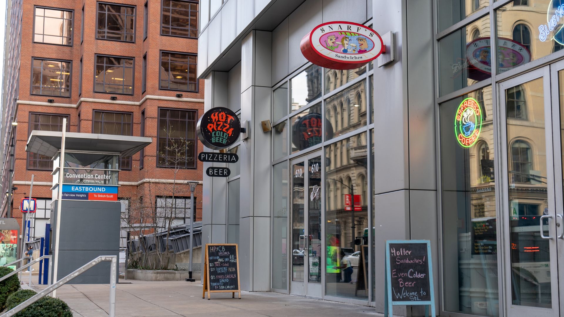 Hot Pizza Cold Beer is located near the Convention Center MetroLink stop in St. Louis.
