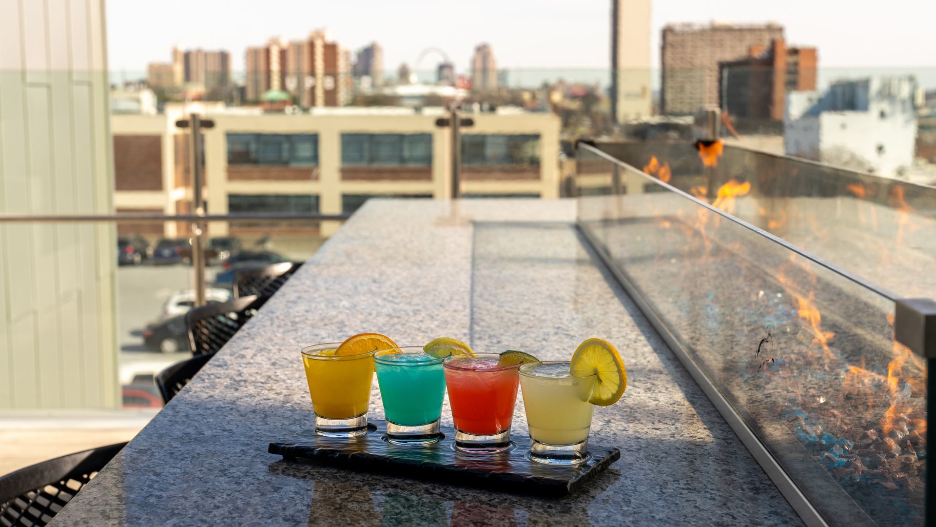 The Lemonade Stand is a flight of four bright, boozy lemonades available at UpBar in St. Louis.