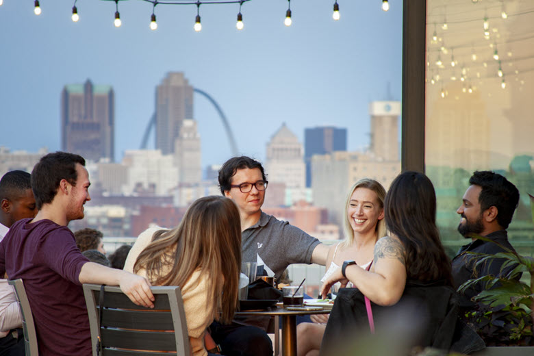 The ART Bar outdoor rooftop lounge and bar with sweeping views including the Saint Louis city skyline.