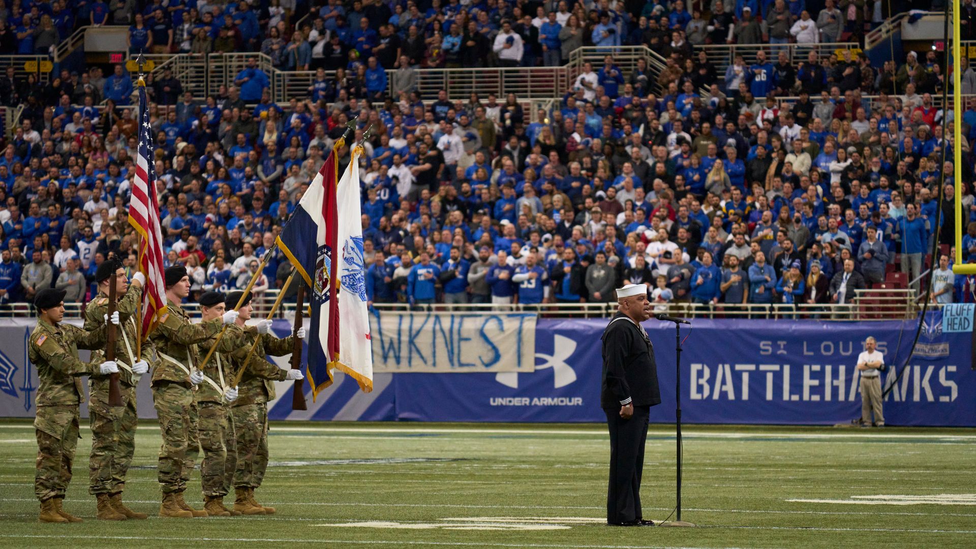 The National Anthem is sung at a St. Louis Battlehawks game.