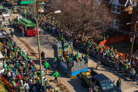 The St. Patrick's Day parade travels down the streets of Dogtown.