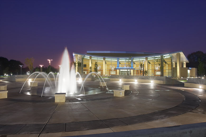 The exterior of the Purser Center at Logan University in the evening.