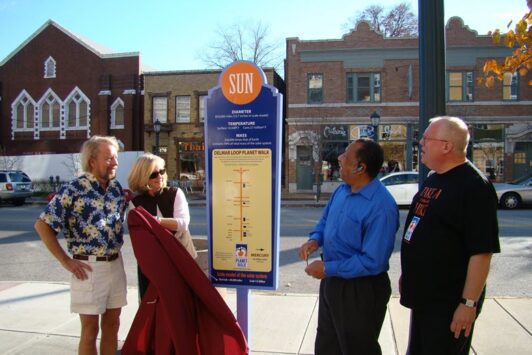 A group of people looking at a Delmar Loop Planet Walk sign.