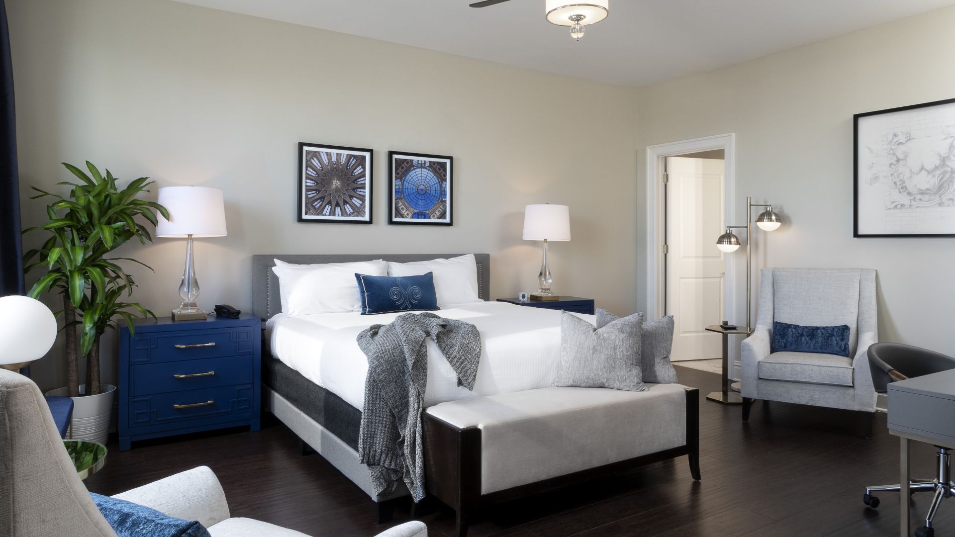 The penthouse of Hotel Saint Louis has three bedrooms accented with its signature blue.