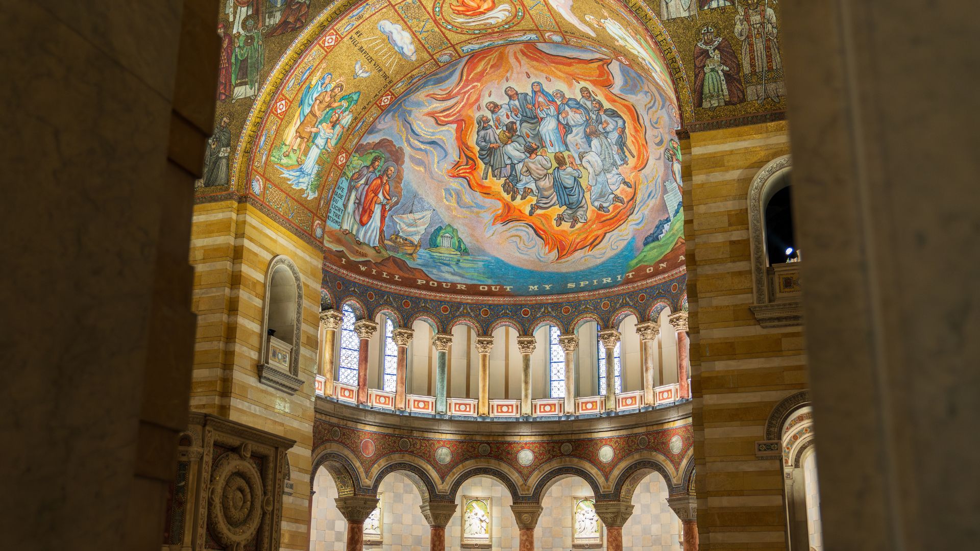 Religious scenes are depicted in stunning mosaics on the ceiling of the Cathedral Basilica of St. Louis.