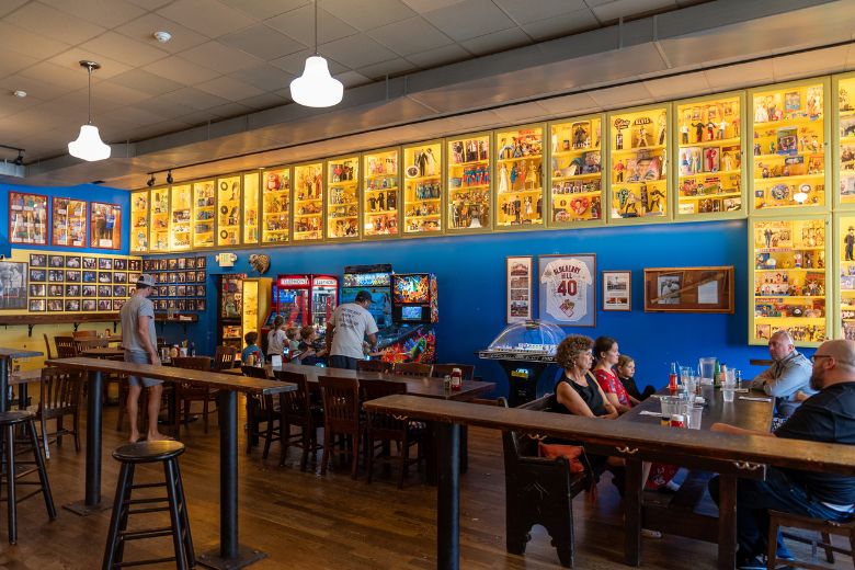 Families enjoy food among the memorabilia of Blueberry Hill.