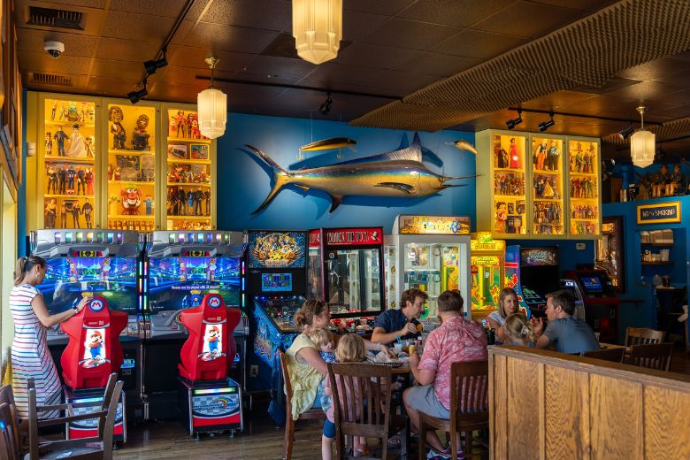 Families enjoy food among the memorabilia of Blueberry Hill.