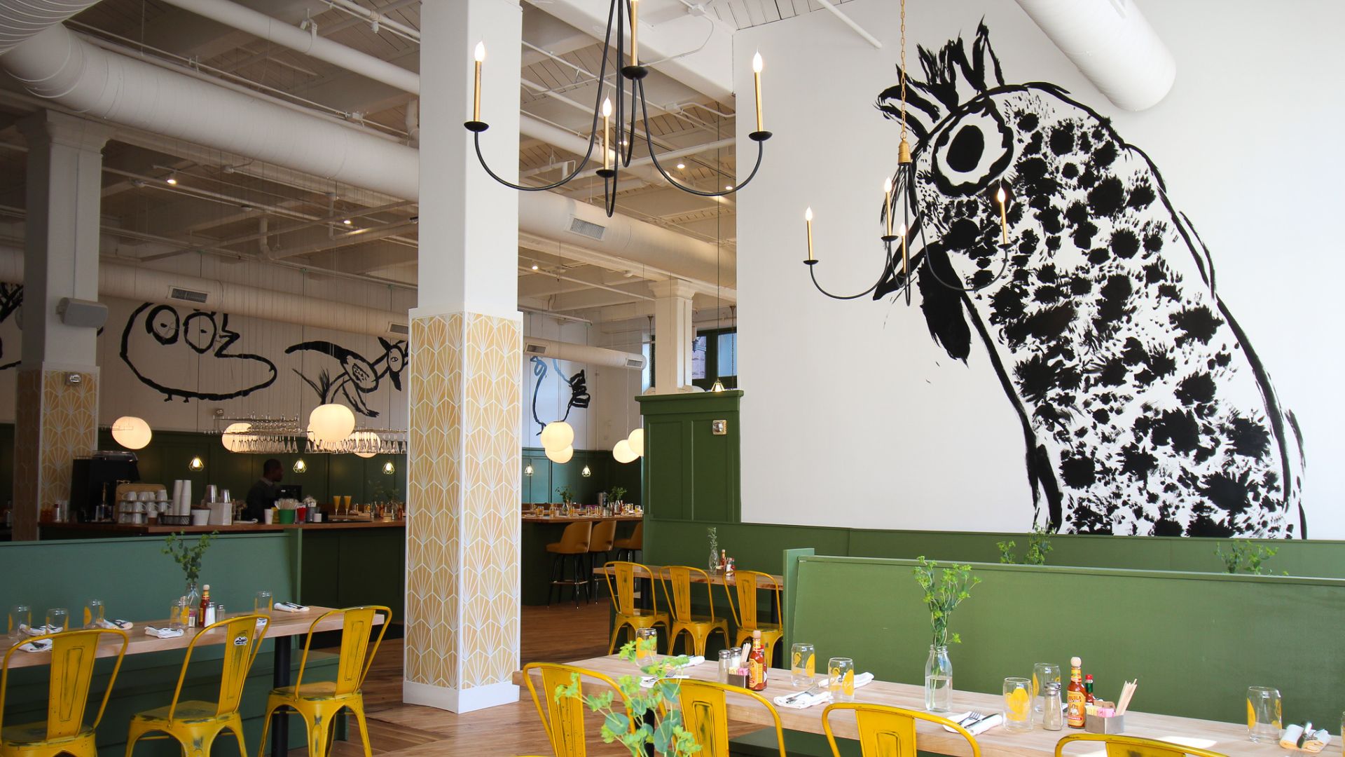 Rooster is a breakfast spot decorated with hand-drawn roosters.