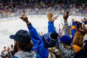 Fans cheer on the St. Louis Blues at Enterprise Center.